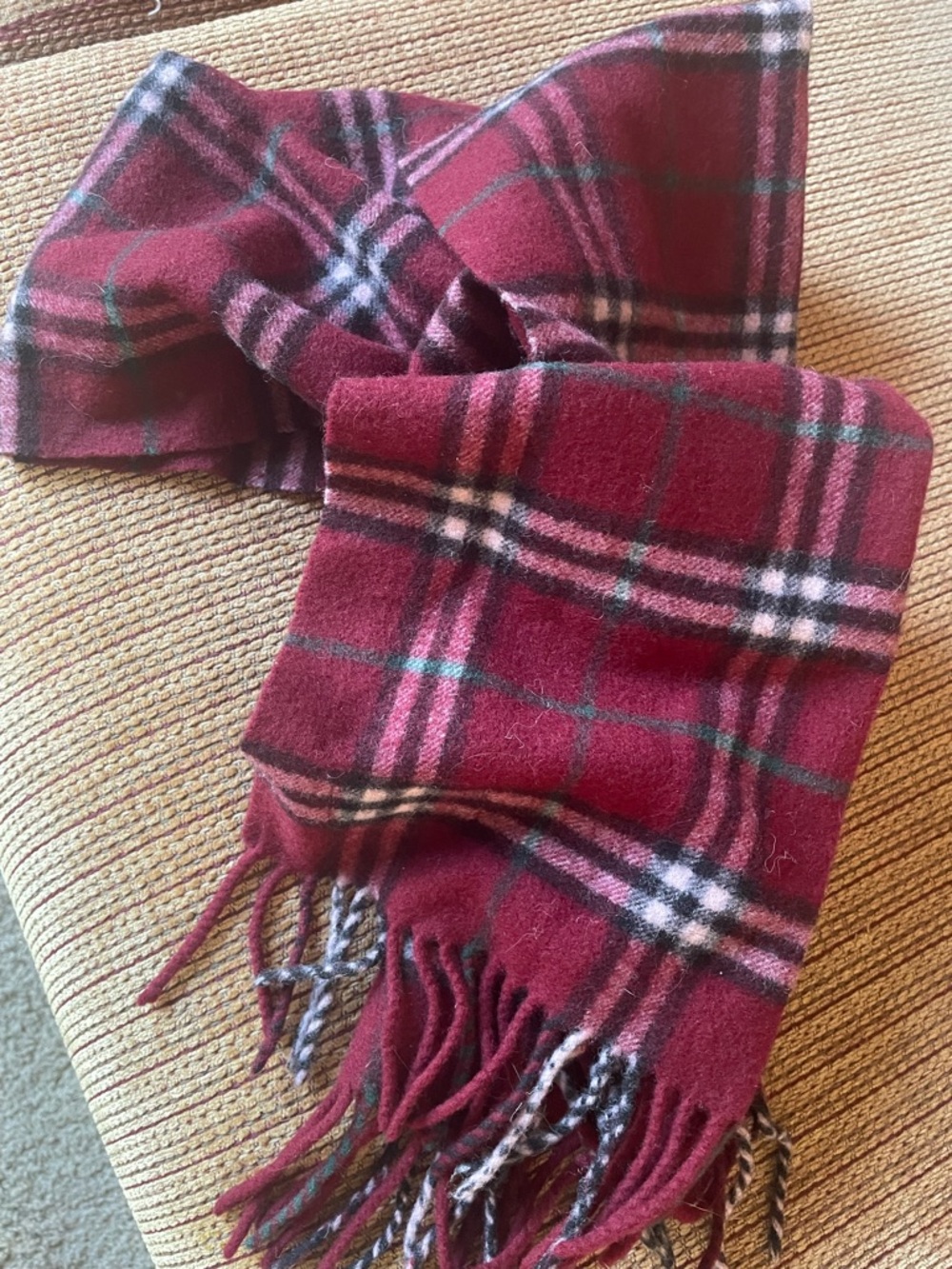 Preowned vintage Burberry lambswool, red scarf, rare color way